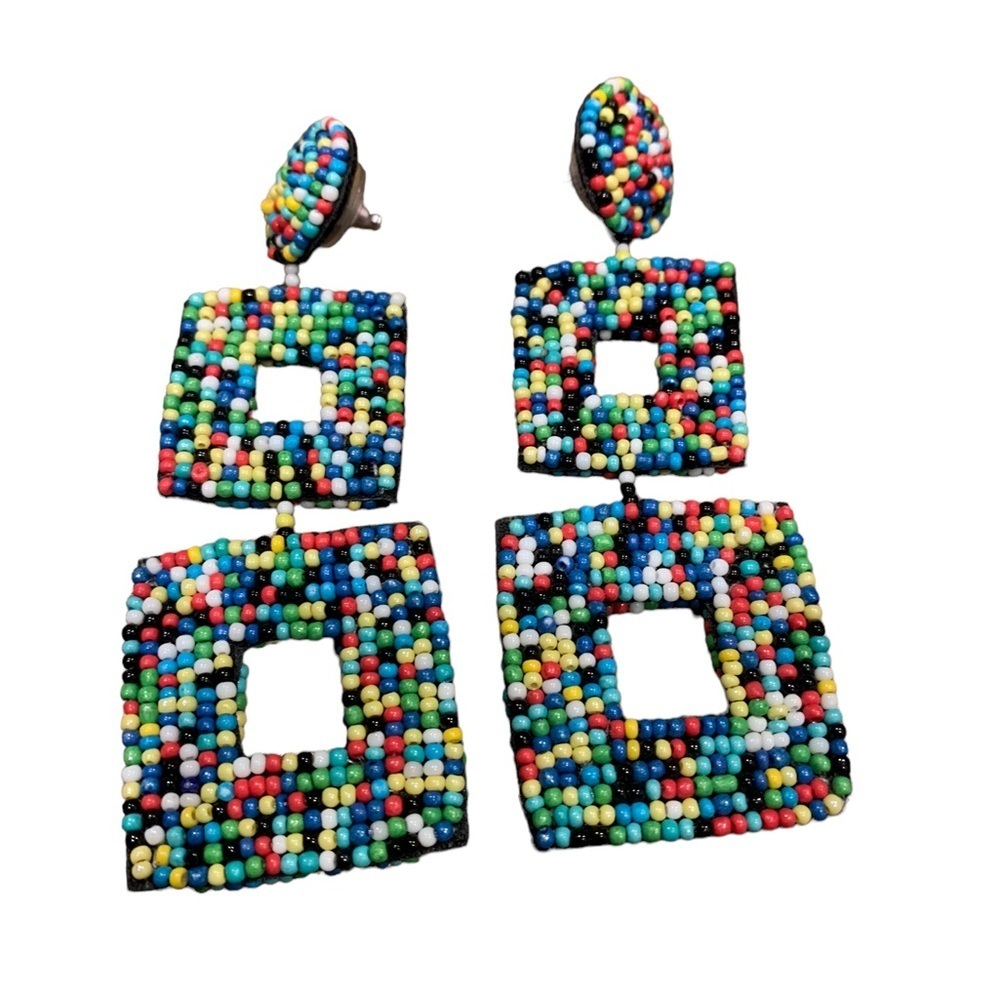 Earrings | Square Beaded Colorful Dangle Earrings Unique - Picture 8 of 8